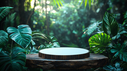 Jungle backdrop with a circular wooden display stand.