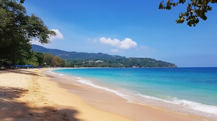 Idyllic Tropical Beach Scene With Azure Waters And Lush Hills