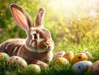 Bunny sitting in a field of Easter eggs, with grass and flowers blooming. The scene captures the delightful joy of Easter celebrations.