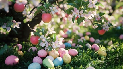 A collection of colorful Easter eggs nestled on the ground among apple blossoms, suggesting a joyous holiday celebration in a natural setting.