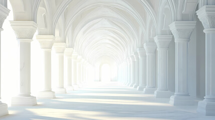 Fototapeta premium White archway corridor with bright light at the end, interior design, architecture, minimalism. Zenith Archway. Illustration