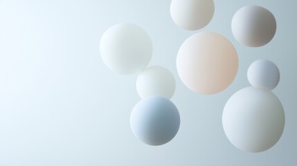 Group of nine white spheres arranged in a scattered manner on a light blue background. the spheres are of different sizes and shapes, with some being larger and others smaller.