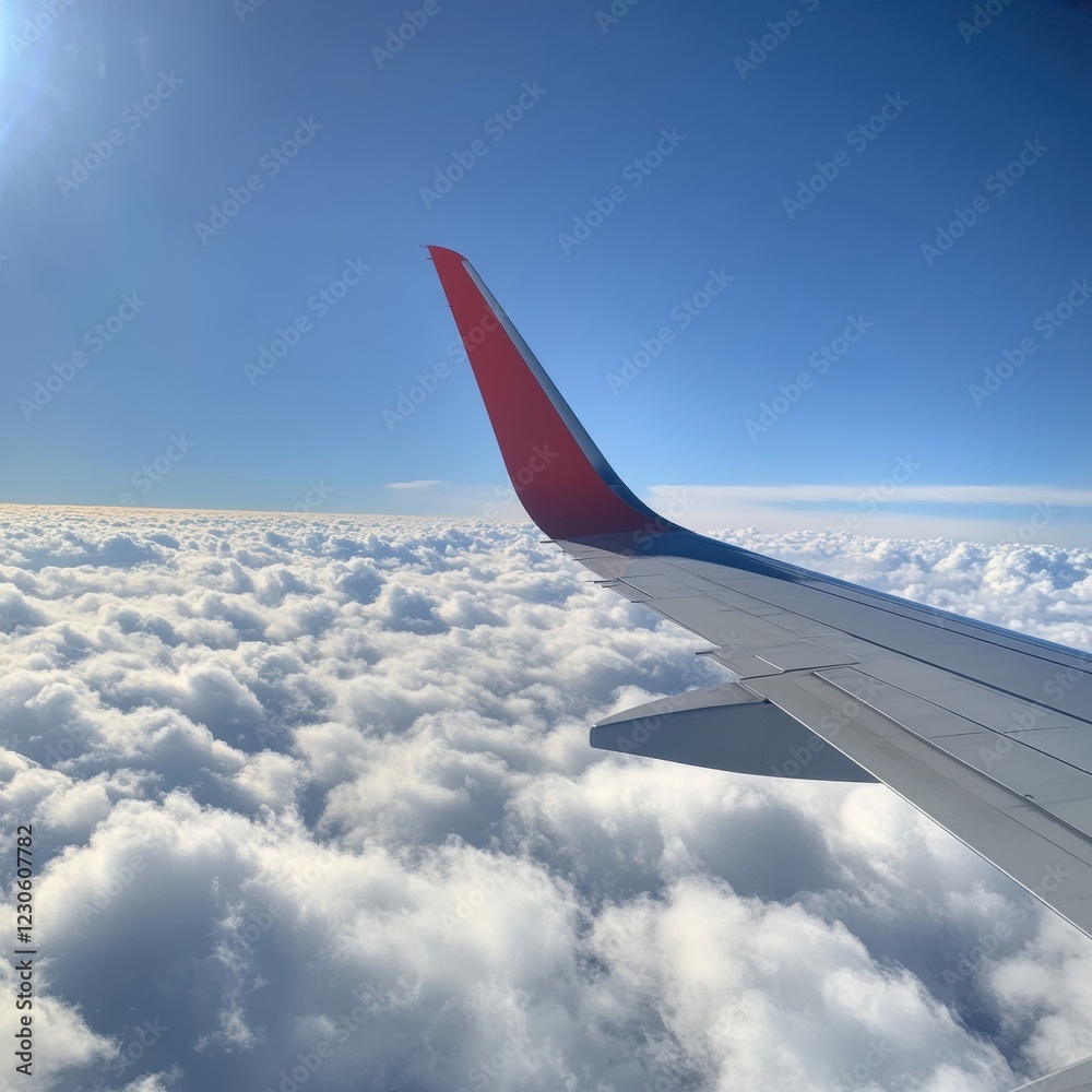 Poster view of airplane wing against fluffy clouds and bright blue sky during a flight. generative ai