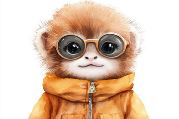 Fototapeta premium Cute monkey wearing orange jacket and round glasses.