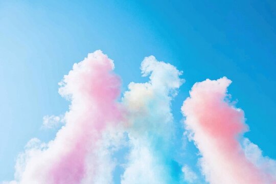 Airplanes perform dazzling stunts in bright blue sky with colorful smoke trails during an air show. Generative AI