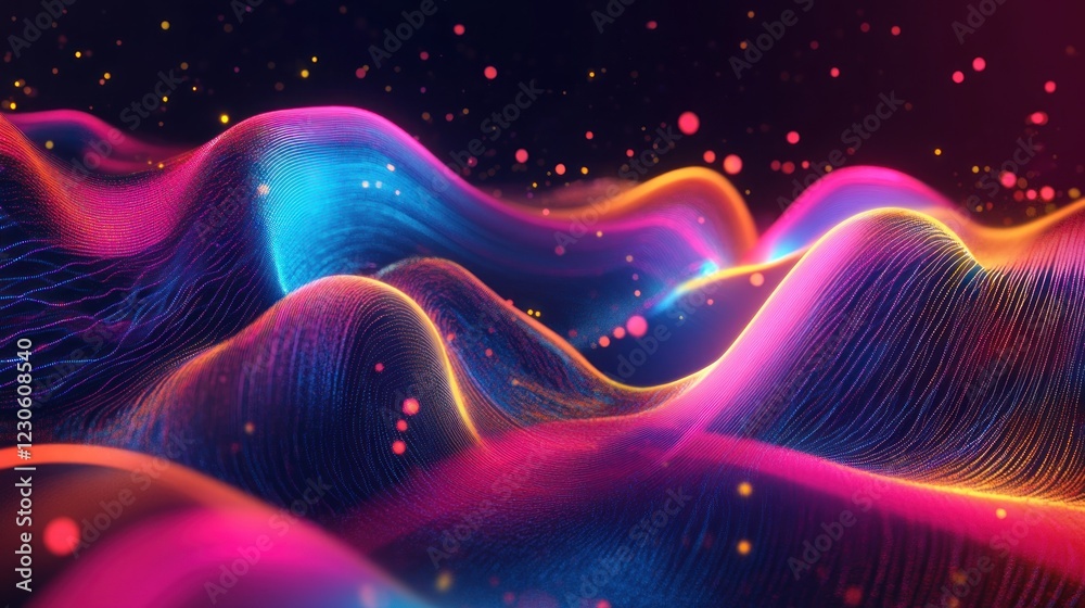 Poster abstract colorful waves of light and particles