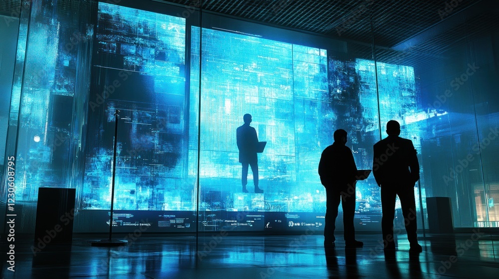 Poster Silhouetted Figures Observe Data Streams On Large Digital Screens