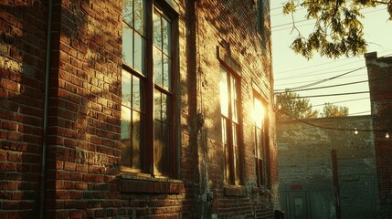 Fototapeta premium Sunset illuminates brick building windows.