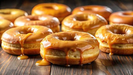 Golden brown donuts with sweet glaze dripping from the edge, sweet indulgence, baked goods