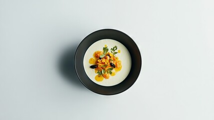   A bowl of food on a table against a white wall background and another white wall background
