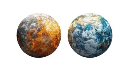 Earth and scorched planet, isolated on transparent background.