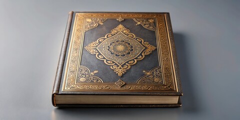 Fototapeta premium A hardcover book mockup with intricate details and textures, isolated on a soft gray background, showcasing its luxurious appearance, book design, literature