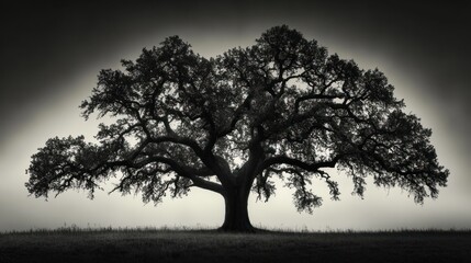 Obraz premium Majestic oak tree silhouette, foggy field background, nature photography, website banner