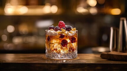   Glass filled with ice & berries on wood table, near wine & corkscrew