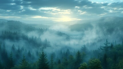 A misty forest with a cloudy sky and a sun in the background