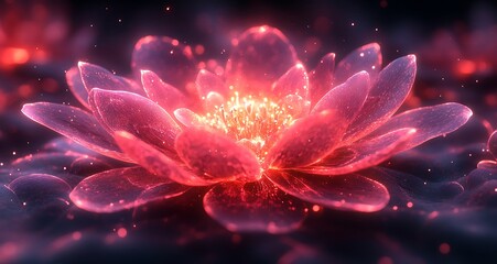 Obraz premium Glowing Digital Lotus Flower with a Bright Core and Sparkles Against a Dark, Red Background