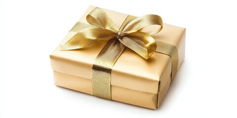 Obraz premium Gold wrapped gift box with a gold ribbon tied around it. The box is sitting on a white background