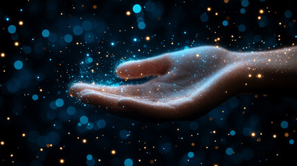 Abstract digital wireframe loop on a dark blue background illustrating a tech concept with a creative design minimalistic bright light tone modern blurred empty caption space on the side
