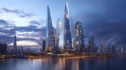 Obraz premium Futuristic skyscrapers at dusk reflecting on calm water.