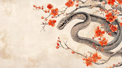 Obraz premium A striking black snake entwined in branches adorned with vivid red flowers.