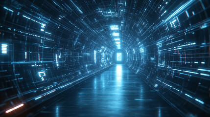 Abstract digital wireframe loop on a dark blue background illustrating a tech concept with a creative design minimalistic bright light tone modern blurred empty caption space on the side
