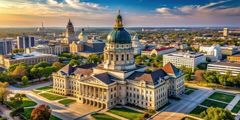 Fototapeta premium Aerial view of the Kansas State Capitol building from above showing its distinctive dome and architectural style, kansas state capitol, kansas city skyline