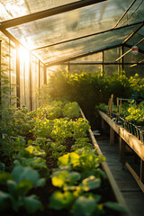 Serene greenhouse with glass walls, vibrant green plants growing under artificial lights, and soft sunlight filtering through the roof, casting a beautiful glow. Generative AI
