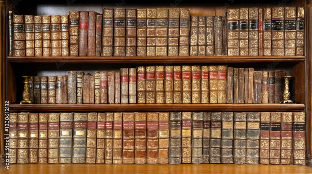 Poster antique bookshelf displaying ornate leather bound volumes