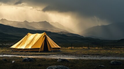 Yellow tent in mountainous landscape during a rain storm.