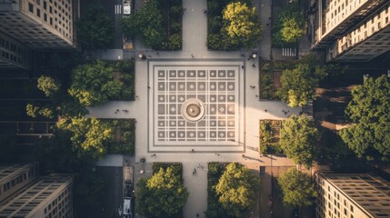 Aerial view of a city square with trees and buildings.