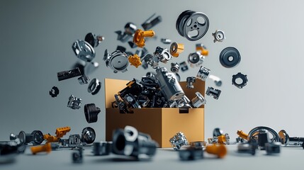 Multiple spare parts emerging from a box against a gray background. Isolated auto parts scattered on a gray backdrop.