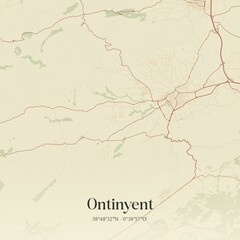 Retro Spanish map of Ontinyent, Comunidad Valenciana. Vintage street map.