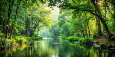Obraz premium Tranquil forest with dense foliage and a meandering river flowing gently through the landscape surrounded by tall trees and lush greenery , river, peaceful environment