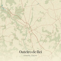 Retro Spanish map of Outeiro de Rei, Galicia. Vintage street map.