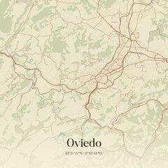 Retro Spanish map of Oviedo, Principado de Asturias. Vintage street map.