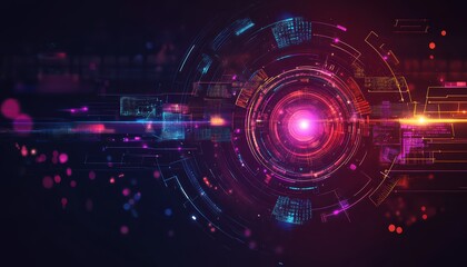 Obraz premium Futuristic cyberpunk abstract composition, neon lights, holographic textures, high-tech aesthetic