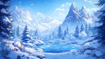 Snowy mountain range landscape with river.