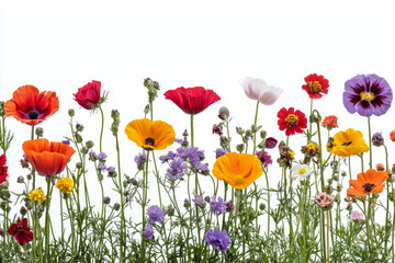 Naklejka premium Vibrant wildflower meadow, colorful blooms against white.