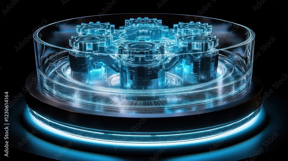 Poster illuminated glass display of interlocking gears