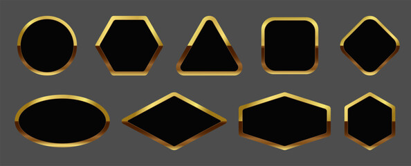 Set of vip gold medals, template, label, badge, award. Empty round shiny smooth metal emblem. Isolated golden frame, text box in different shapes with black background in the center. EPS10 Vector 