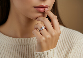 Ring on finger. Engagement ring on woman's hand. Fashion ring on hand