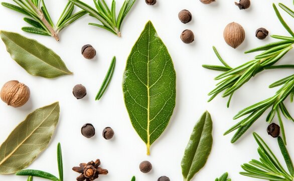 Bay leaf, spices, cilantro, coriander, fennel, basil, carnation, star anise, and allspice isolated on a white background. The view is from the top