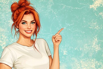 Obraz premium A smiling young lady gestures upwards to highlight a fantastic deal or offer. A happy girl points up with her fingers, suggesting a good sale or discount. Copy space. Contemporary illustration.