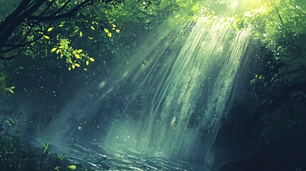 Sunbeams illuminate a hidden waterfall in a lush green forest.