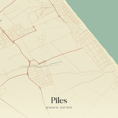 Retro Spanish map of Piles, Comunidad Valenciana. Vintage street map.