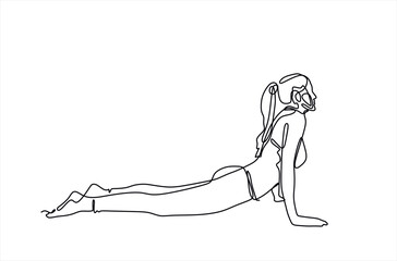 Single continuous line drawing of young sportive woman training pose in sport gymnasium club center. Fitness stretching concept. Trendy one line draw design vector illustration	