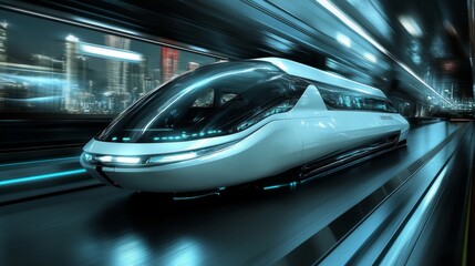 Obraz premium A train is traveling down a track. The train is white and has a blue stripe