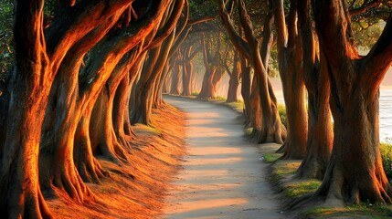 Golden Hour Pathway, Majestic Tree Lined Road
