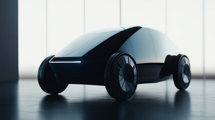 A black car with a bright light on the front. The car is on a table