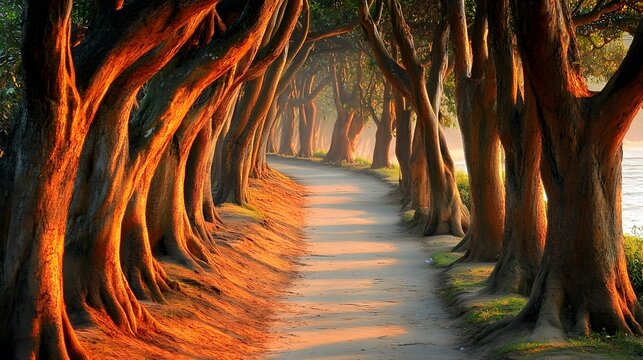 Golden Hour Pathway, Majestic Tree Lined Road